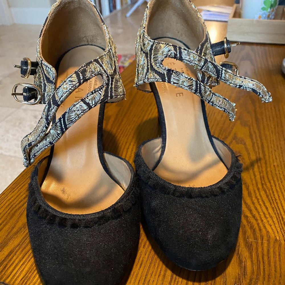 Sezane Black & Gold Embroidered Heels
